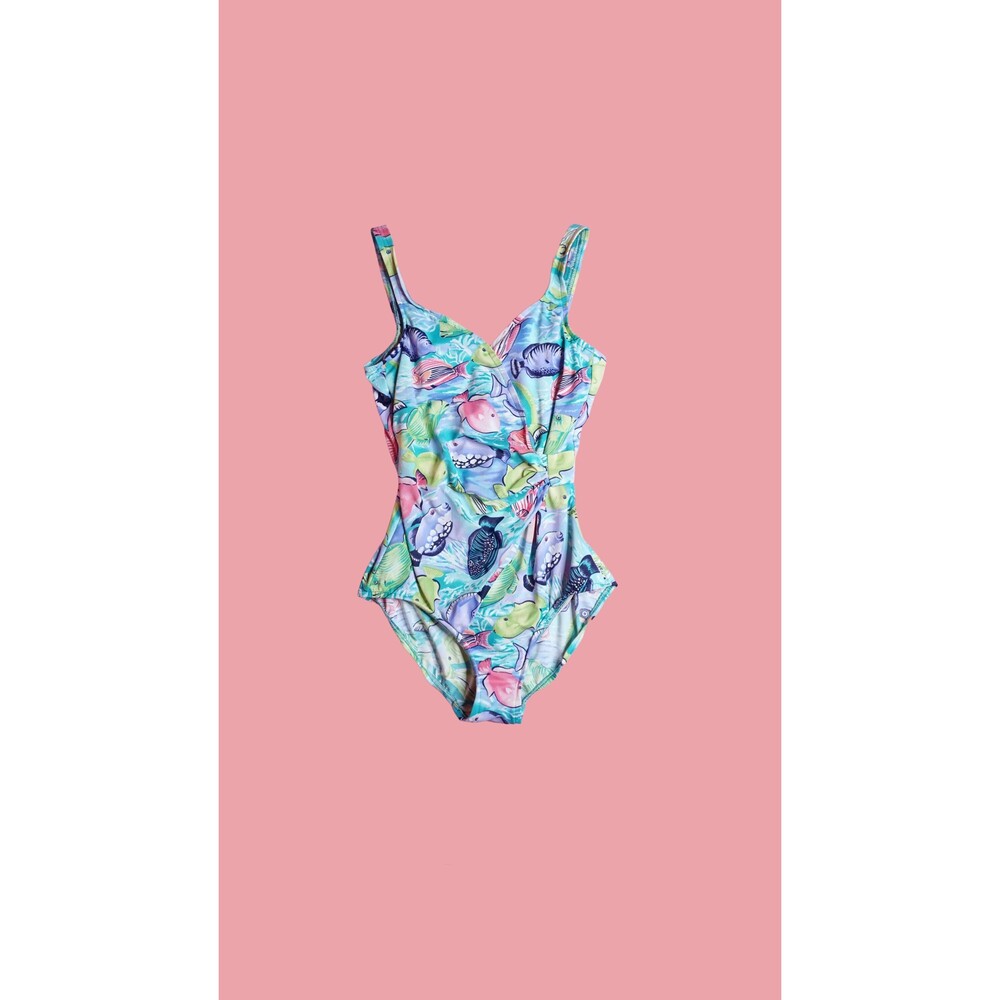 1980s-1990s DVF for The Color Authority. FISH Print Swimsuit W/Scoop Back. Small